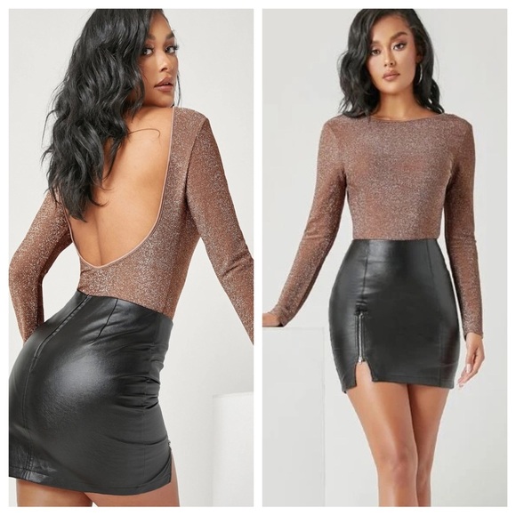 Shein METALLIC bronze STRETCH BODYSUIT open back BLOUSE SHIRT - Picture 15 of 15